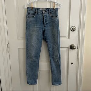 Aritzia Denim Forum jeans, Yoko Mid Rise Slim style, light blue, size 25